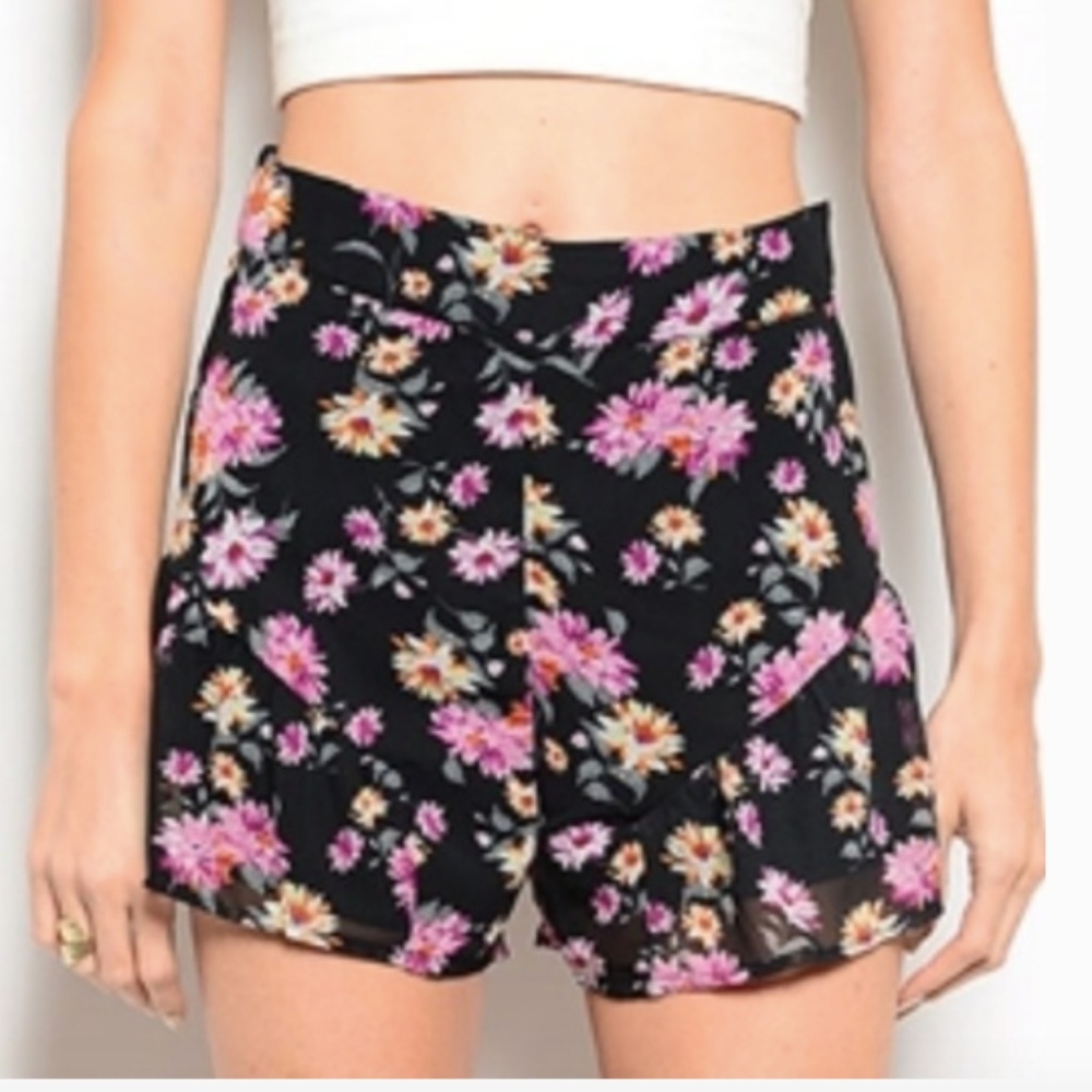 PRECIOUS-black and pink floral high waist shorts!